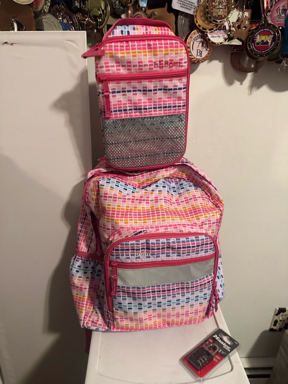 L.L. Bean Pink Multicolor Grid Print Backpack & Lunchbox